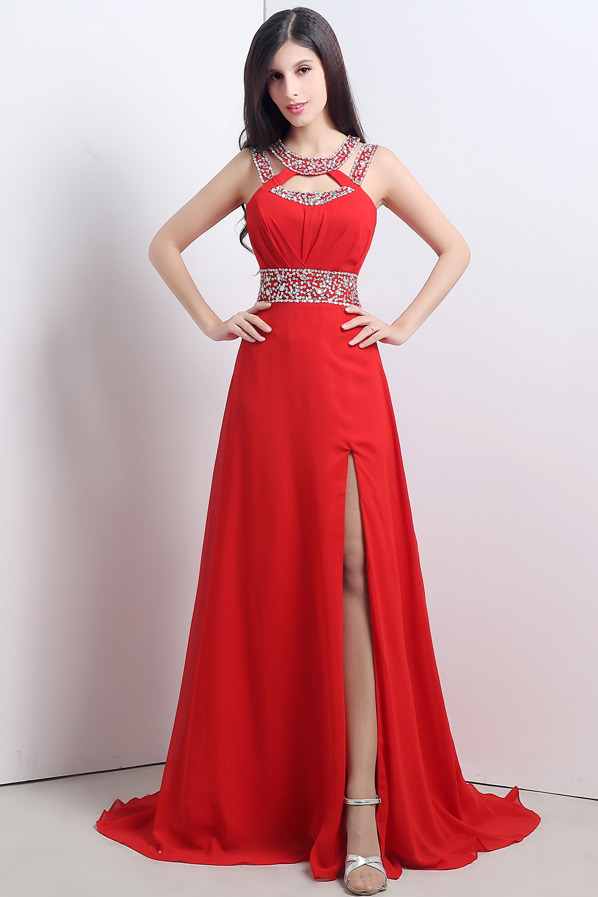 BMbridal A-line Halter Chiffon Party Dress With Crystal