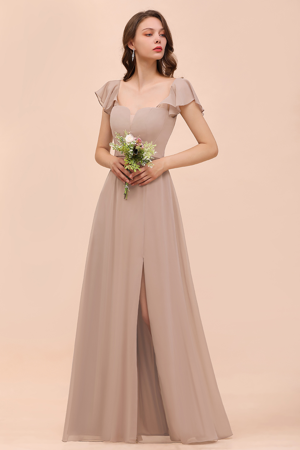 BMbridal Elegant Chiffon Slit Affordable Bridesmaid Dresses with Short Sleeves-BMbridal