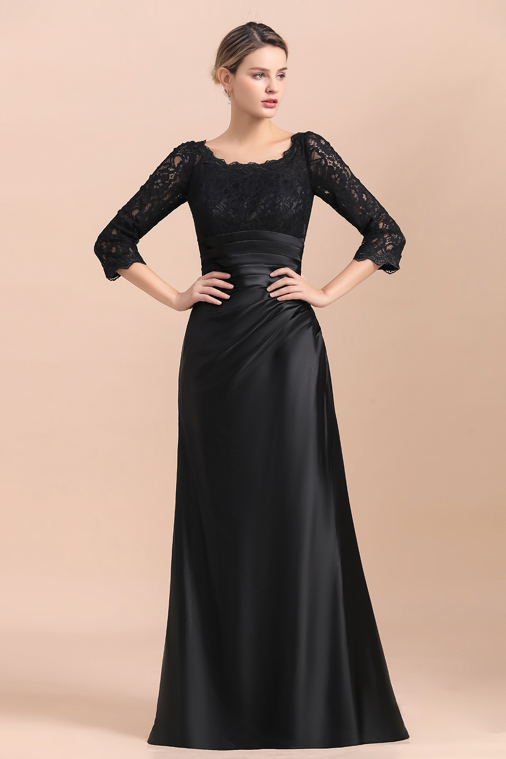 BMbridal Elegant Jewel 3/4 Sleeves Black Satin Lace Ruffles Mother of Bride Dress On Sale-BMbridal