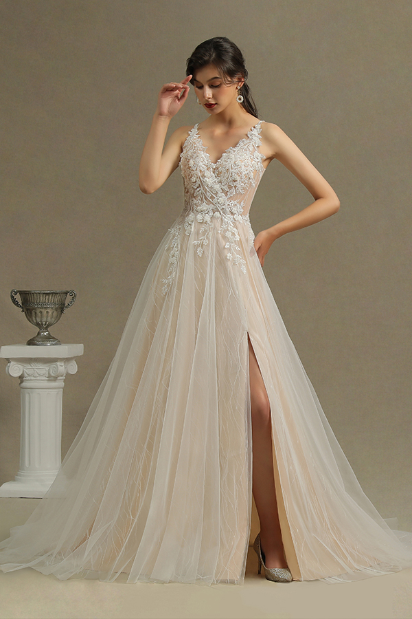 Chic Straps Floral Appliques A-Line Side Wedding Dress with Split Backless