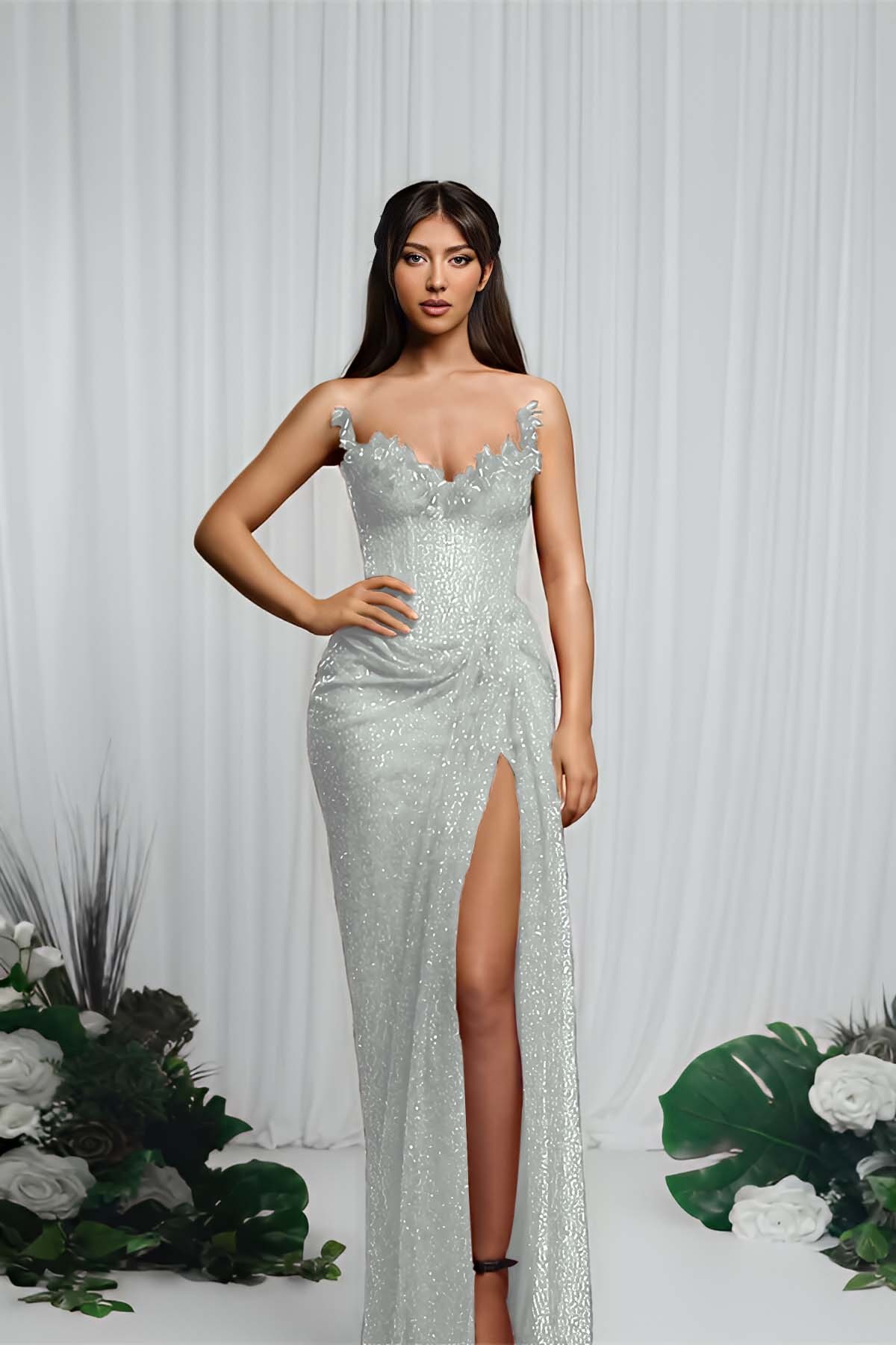 Strapless Sleeveless Mermaid Prom Dress With High Split Pleated