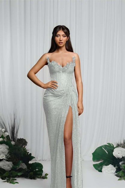 Strapless Sleeveless Mermaid Prom Dress With High Split Pleated