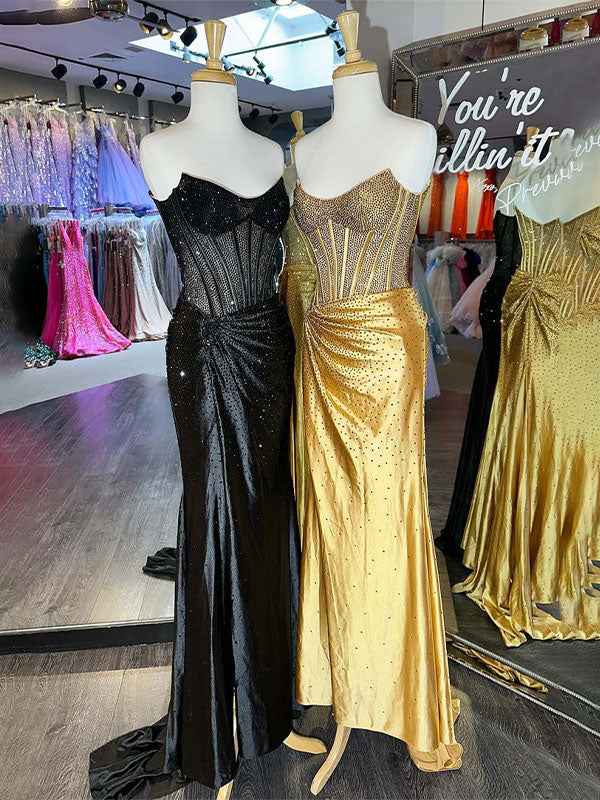 Green Mermaid Strapless Corset Beaded Prom Dress with Slit