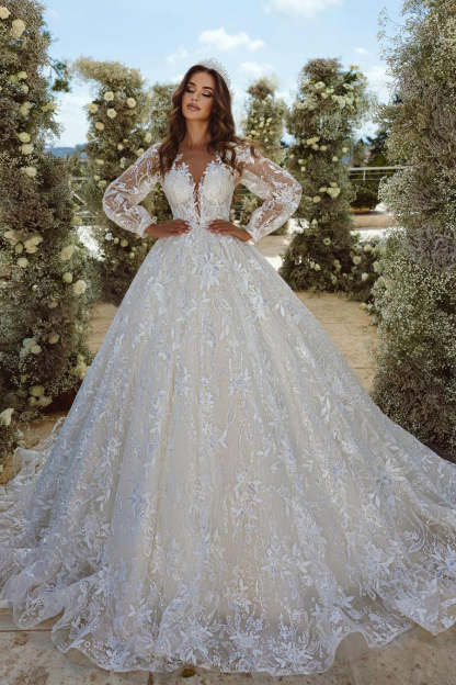 Beautiful A-line V-neck Lace Appliques Tulle Wedding Dress With Long Sleeves-BMbridal.com