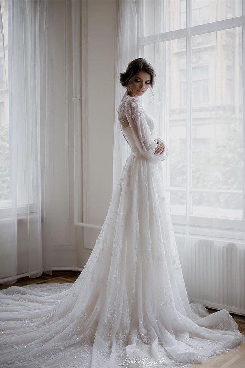 Beautiful A-line White Long Sleeves Lace Appliques Wedding Dress-BMbridal.com