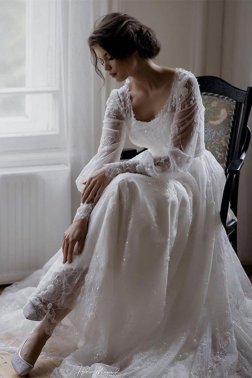 Beautiful A-line White Long Sleeves Lace Appliques Wedding Dress-BMbridal.com