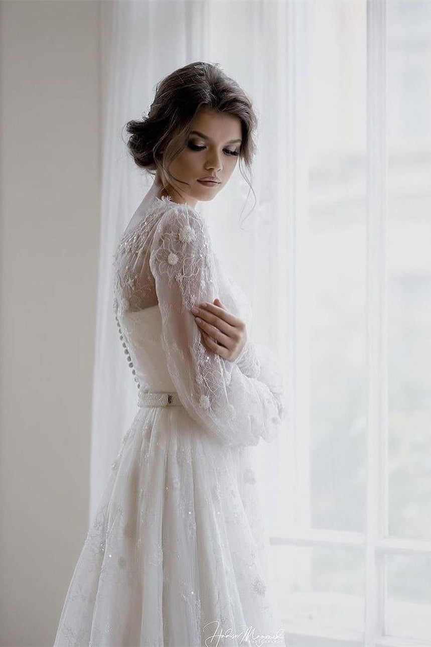 Beautiful A-line White Long Sleeves Lace Appliques Wedding Dress-BMbridal.com