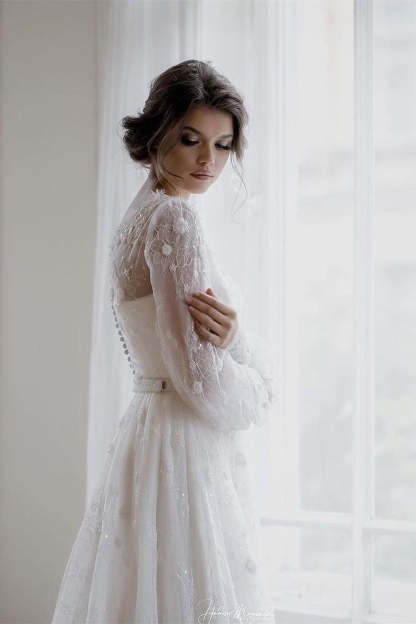 Beautiful A-line White Long Sleeves Lace Appliques Wedding Dress-BMbridal.com