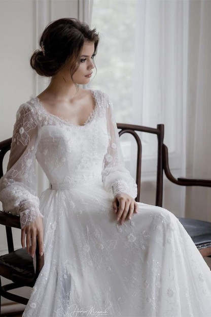 Beautiful A-line White Long Sleeves Lace Appliques Wedding Dress-BMbridal.com