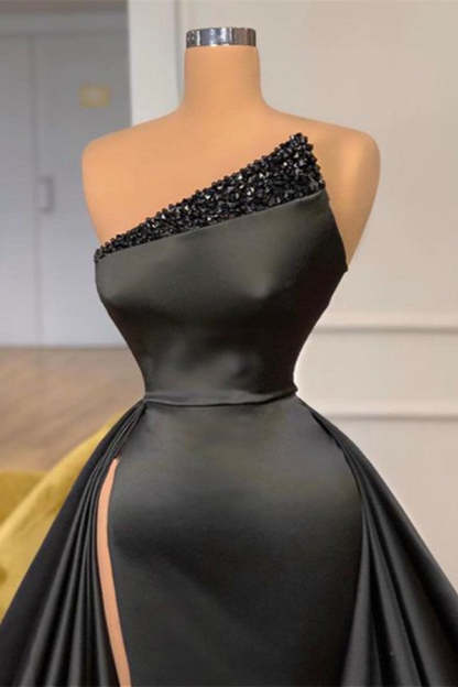Beautiful Black A-line Satin Sleeveless Sequined Prom Dress With Slit-BMbridal.com