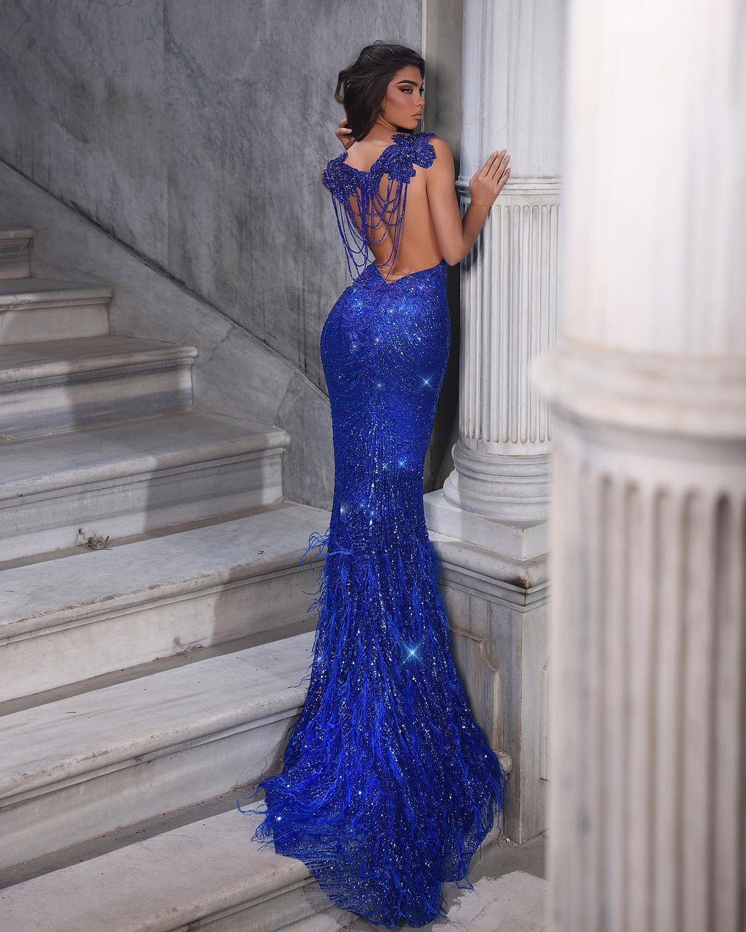 Beautiful Floor Length Sweetheart Sleeveless Spaghetti Straps Mermaid Sequined Prom Dress with Fur-BMbridal