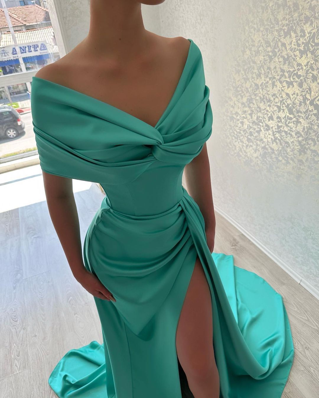 Beautiful Long A-line Off-the-shoulder Prom Dress With Slit-BMbridal.com