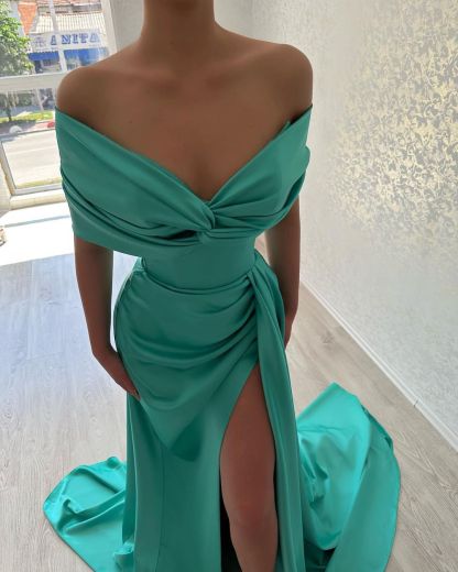 Beautiful Long A-line Off-the-shoulder Prom Dress With Slit-BMbridal.com