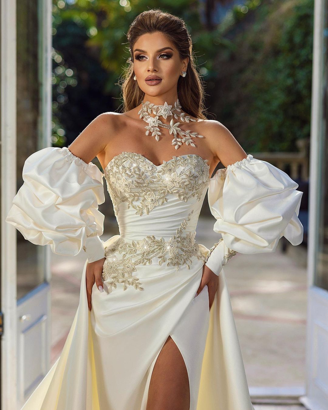 Beautiful Long A-Line Sleeveless Strapless Satin Wedding Dresses With Applique-BMbridal.com