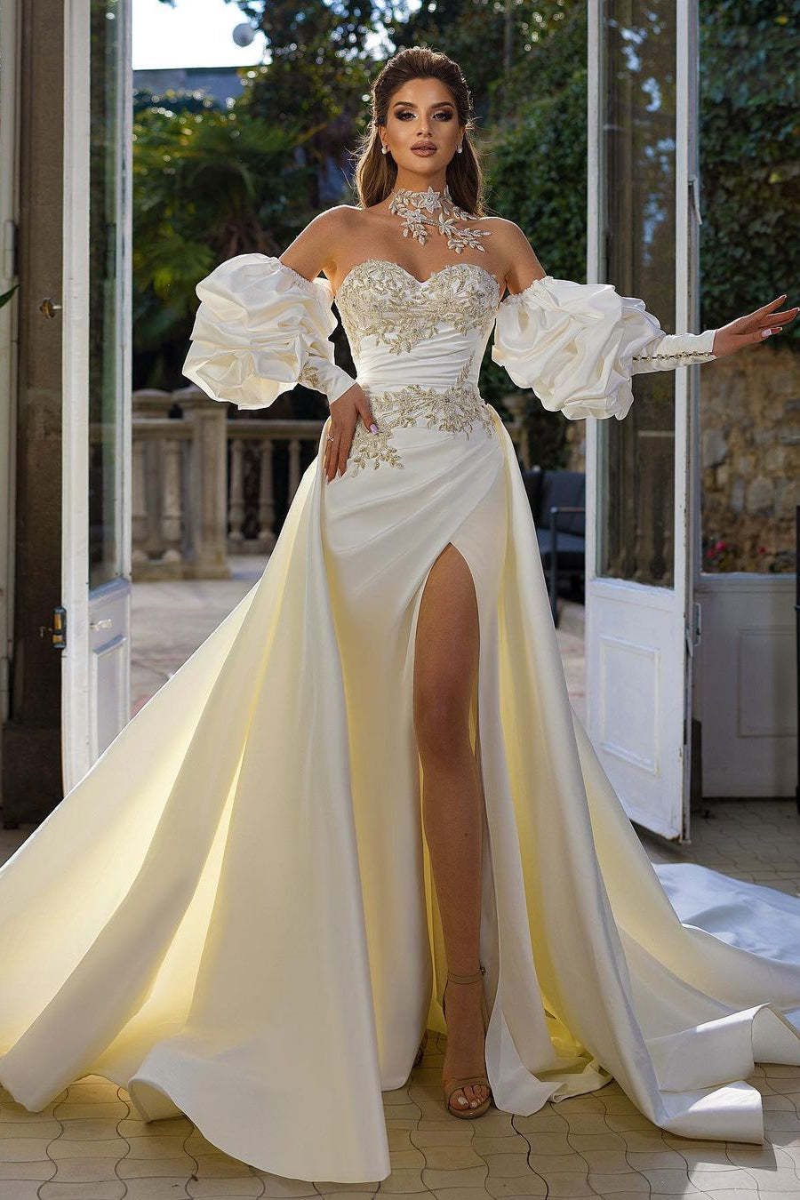 Beautiful Long A-Line Sleeveless Strapless Satin Wedding Dresses With Applique-BMbridal.com