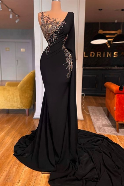 Beautiful Long Black Mermaid Beading Lace Prom Dress-BMbridal.com