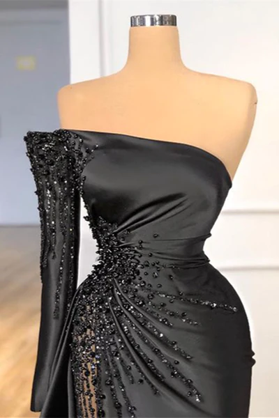 Beautiful Long Black Off-the-shoulder Beading Prom Dress With Long Sleeve-BMbridal.com
