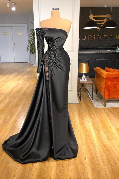 Beautiful Long Black Off-the-shoulder Beading Prom Dress With Long Sleeve-BMbridal.com