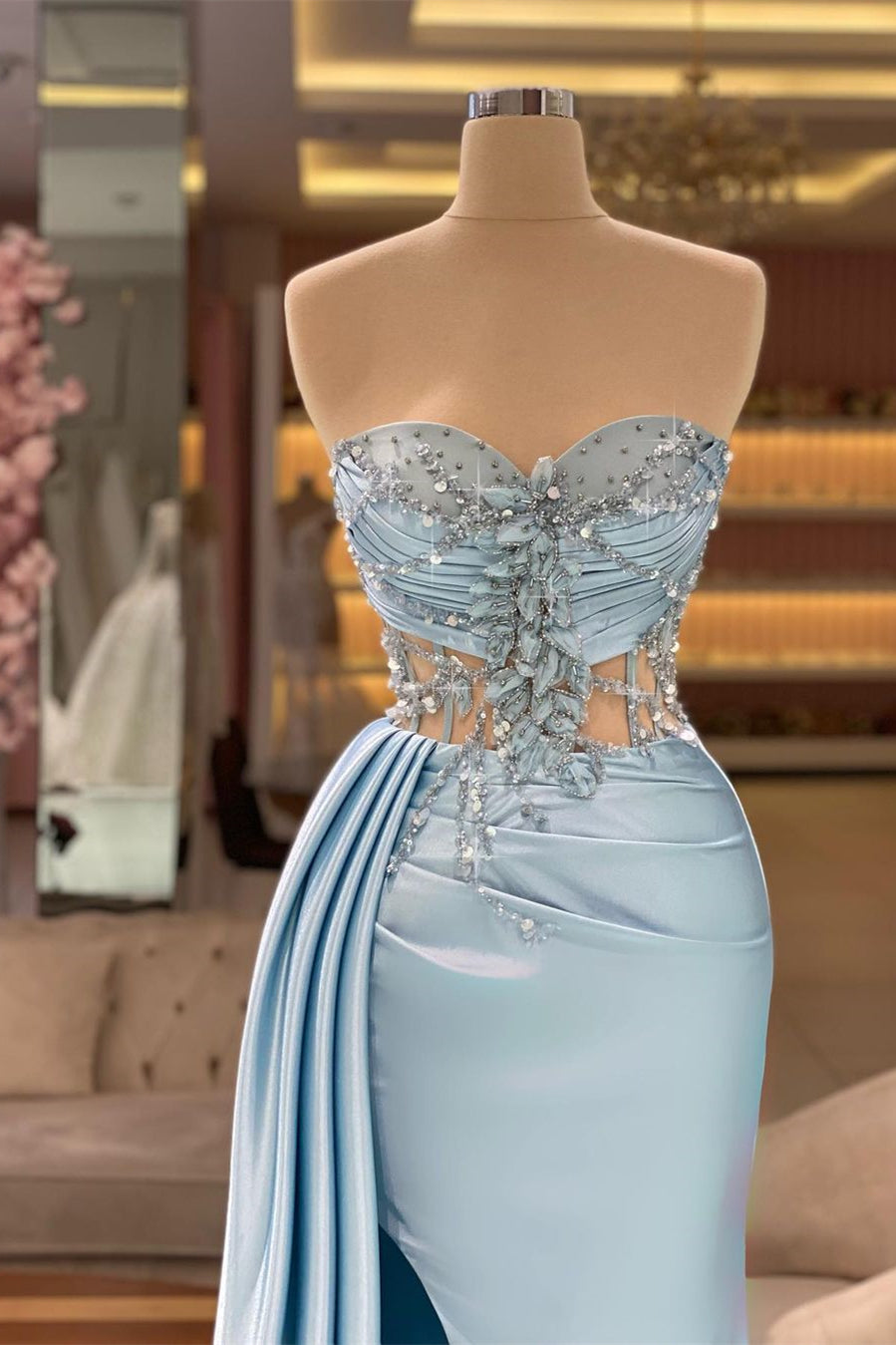 Beautiful Long Blue Mermaid Sleeveless Beading Prom Dress With Slit-BMbridal.com