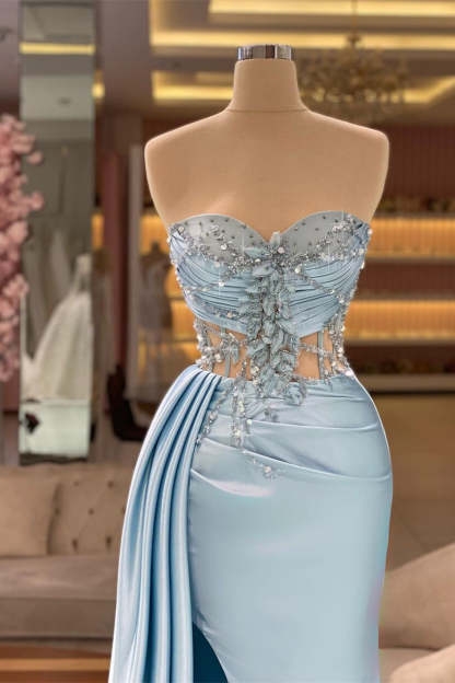 Beautiful Long Blue Mermaid Sleeveless Beading Prom Dress With Slit-BMbridal.com