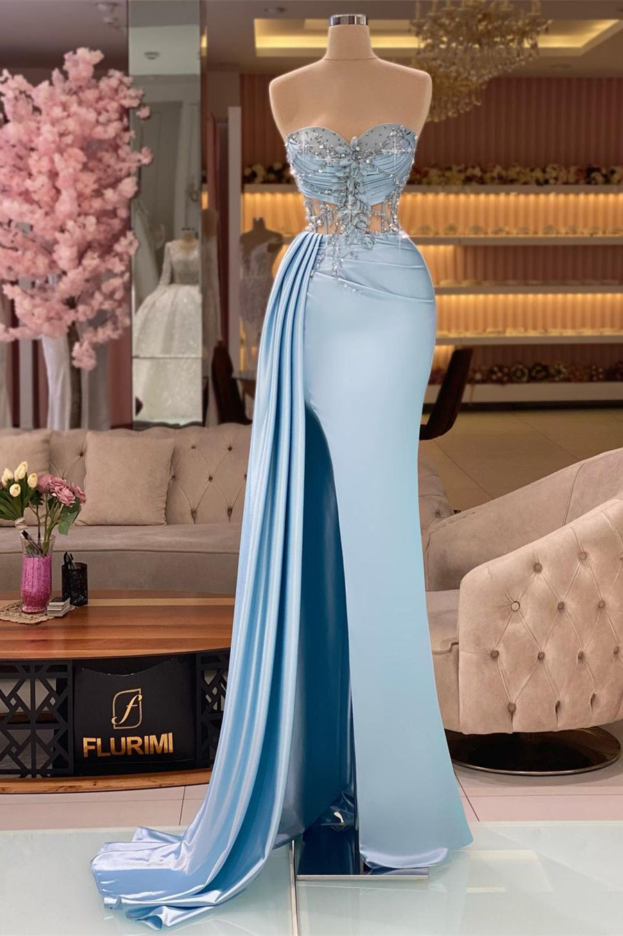 Beautiful Long Blue Mermaid Sleeveless Beading Prom Dress With Slit-BMbridal.com