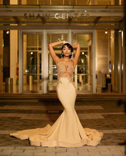Beautiful Long Champagne Mermaid Sleeveless Beading Prom Dress With Lace-BMbridal.com