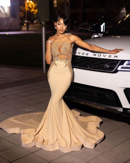 Beautiful Long Champagne Mermaid Sleeveless Beading Prom Dress With Lace-BMbridal.com