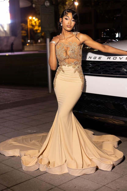 Beautiful Long Champagne Mermaid Sleeveless Beading Prom Dress With Lace-BMbridal.com