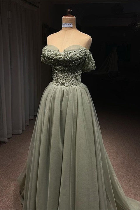 Beautiful Long Green A-line Off-the-shoulder Sequined Beading Prom Dress-BMbridal.com