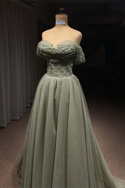 Beautiful Long Green A-line Off-the-shoulder Sequined Beading Prom Dress-BMbridal.com