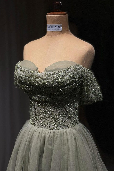 Beautiful Long Green A-line Off-the-shoulder Sequined Beading Prom Dress-BMbridal.com