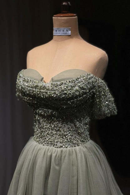 Beautiful Long Green A-line Off-the-shoulder Sequined Beading Prom Dress-BMbridal.com
