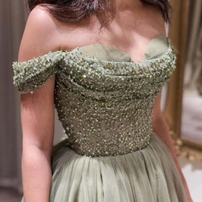 Beautiful Long Green A-line Off-the-shoulder Sequined Beading Prom Dress-BMbridal.com