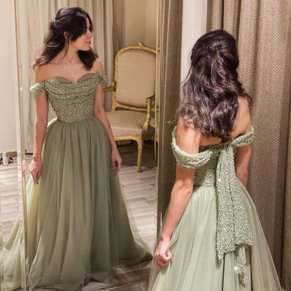 Beautiful Long Green A-line Off-the-shoulder Sequined Beading Prom Dress-BMbridal.com