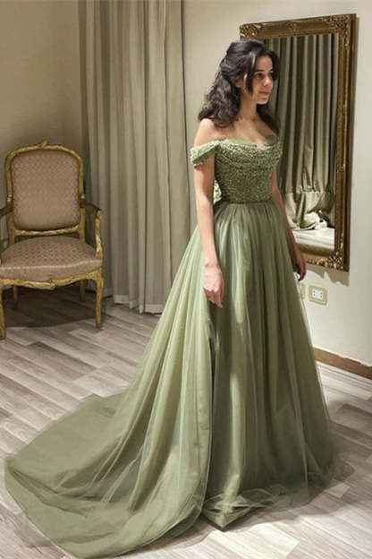 Beautiful Long Green A-line Off-the-shoulder Sequined Beading Prom Dress-BMbridal.com