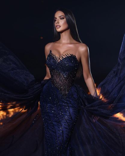 Beautiful Long Mermaid Lace Sleeveless Prom Dress With Detachable Train-BMbridal.com
