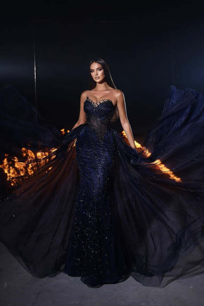Beautiful Long Mermaid Lace Sleeveless Prom Dress With Detachable Train-BMbridal.com