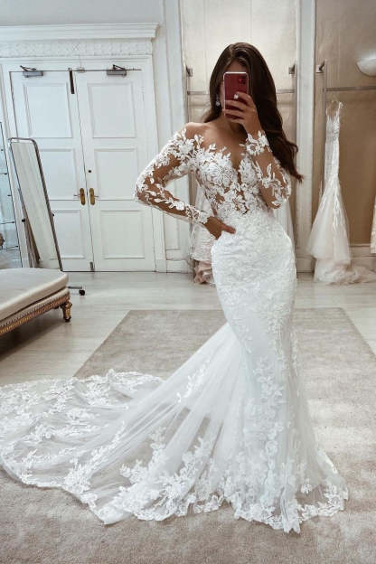 Beautiful Long Mermaid Long Sleeves Lace V-neck Wedding Dress-BMbridal.com