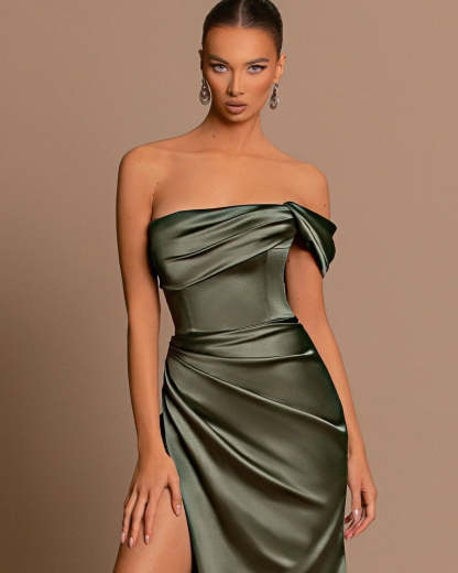 Beautiful Long Mermaid Off-the-shoulder Satin Prom Dress With Slit-BMbridal.com