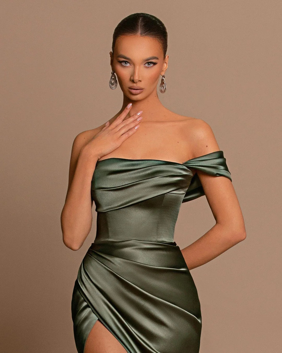 Beautiful Long Mermaid Off-the-shoulder Satin Prom Dress With Slit-BMbridal.com