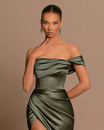 Beautiful Long Mermaid Off-the-shoulder Satin Prom Dress With Slit-BMbridal.com