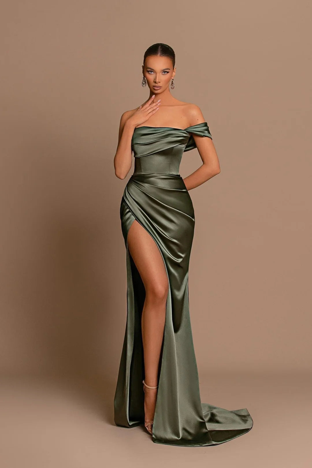 Beautiful Long Mermaid Off-the-shoulder Satin Prom Dress With Slit-BMbridal.com