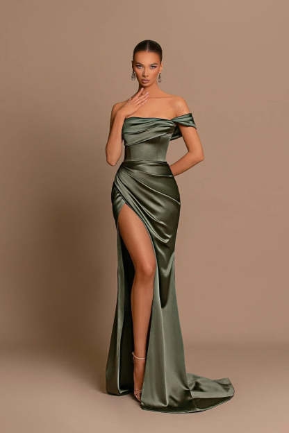 Beautiful Long Mermaid Off-the-shoulder Satin Prom Dress With Slit-BMbridal.com