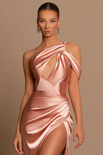 Beautiful Long Mermaid One Shoulder Satin Prom Dress With Slit-BMbridal.com