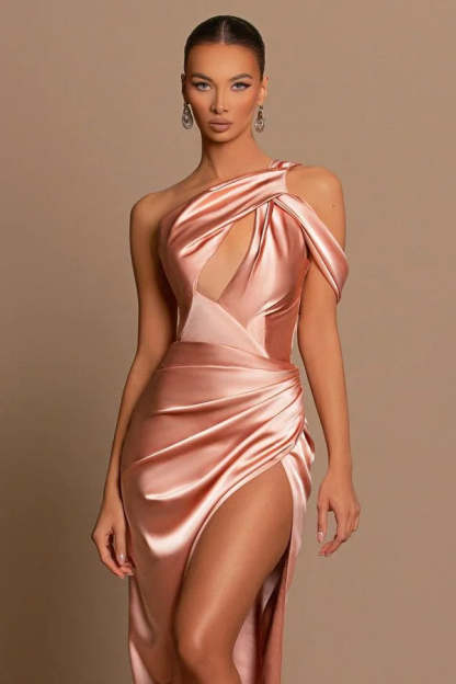 Beautiful Long Mermaid One Shoulder Satin Prom Dress With Slit-BMbridal.com