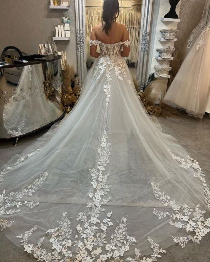 Beautiful Long Off-the-shoulder A-line Appliques Wedding Dress With Train-BMbridal.com