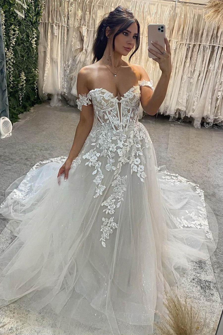 Beautiful Long Off-the-shoulder A-line Appliques Wedding Dress With Train-BMbridal.com