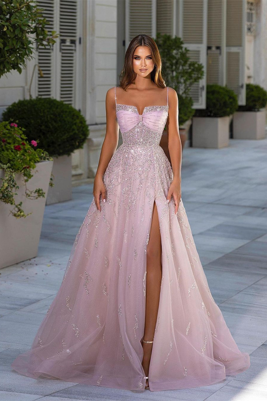 Beautiful Long Pink A-line Sequined Tulle Prom Dress With Slit-BMbridal.com