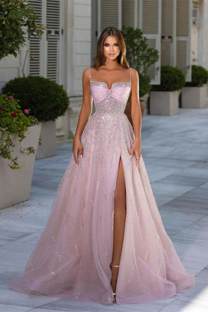Beautiful Long Pink A-line Sequined Tulle Prom Dress With Slit-BMbridal.com