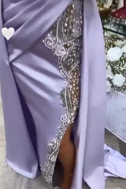 Beautiful Long Purple High Neck Lace Beading Satin Evening Dress With Slit-BMbridal.com